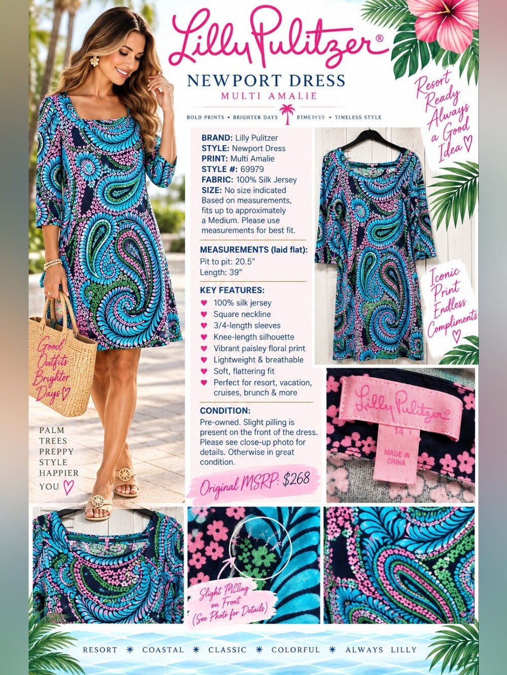 Lilly Pulitzer Newport Paisley 100% Silk Jersey Dress Blue Pink Green